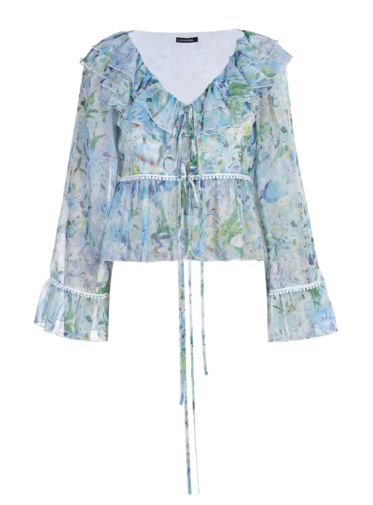 Ladies Fashion Polyester Ruffle V Neck Long Sleeve Blouse ODM