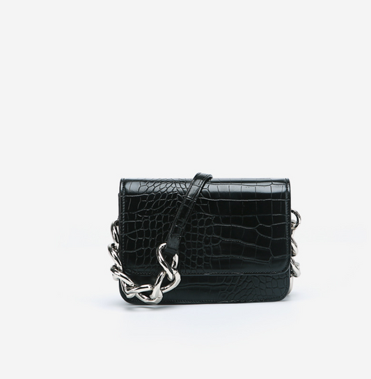 Big Silver Buckled Chain Shoulder Bag 大銀扣鏈配皮肩帶手袋